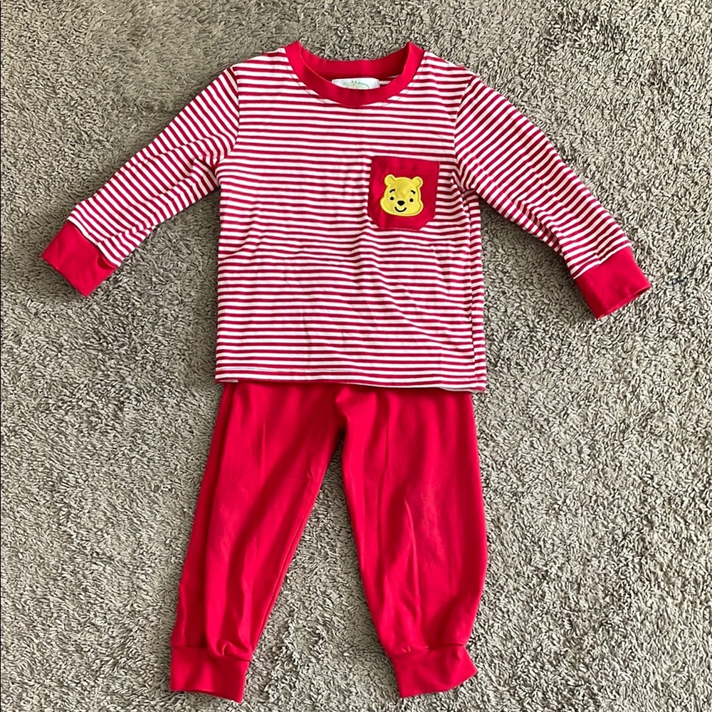 Red Striped Kids Pajamas with Winnie the Pooh Patch